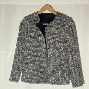 Share Ann Taylor Navy/White Boucle XS Open Front Frayed Hem Blazer